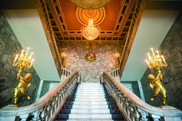 A grand stairway crowned